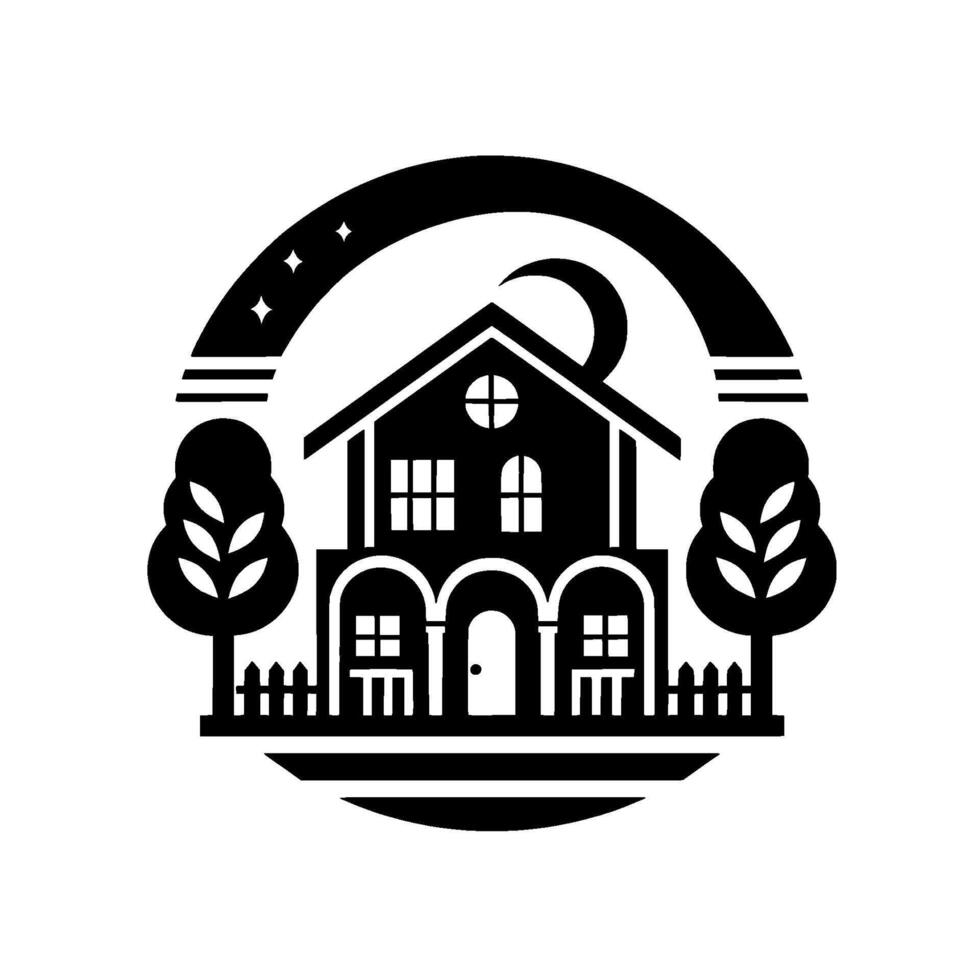 Elegant Black White House Silhouette Within a Circle, Featuring Crescent Moon, Stars, Trees, Fence, Representing Peace. vector
