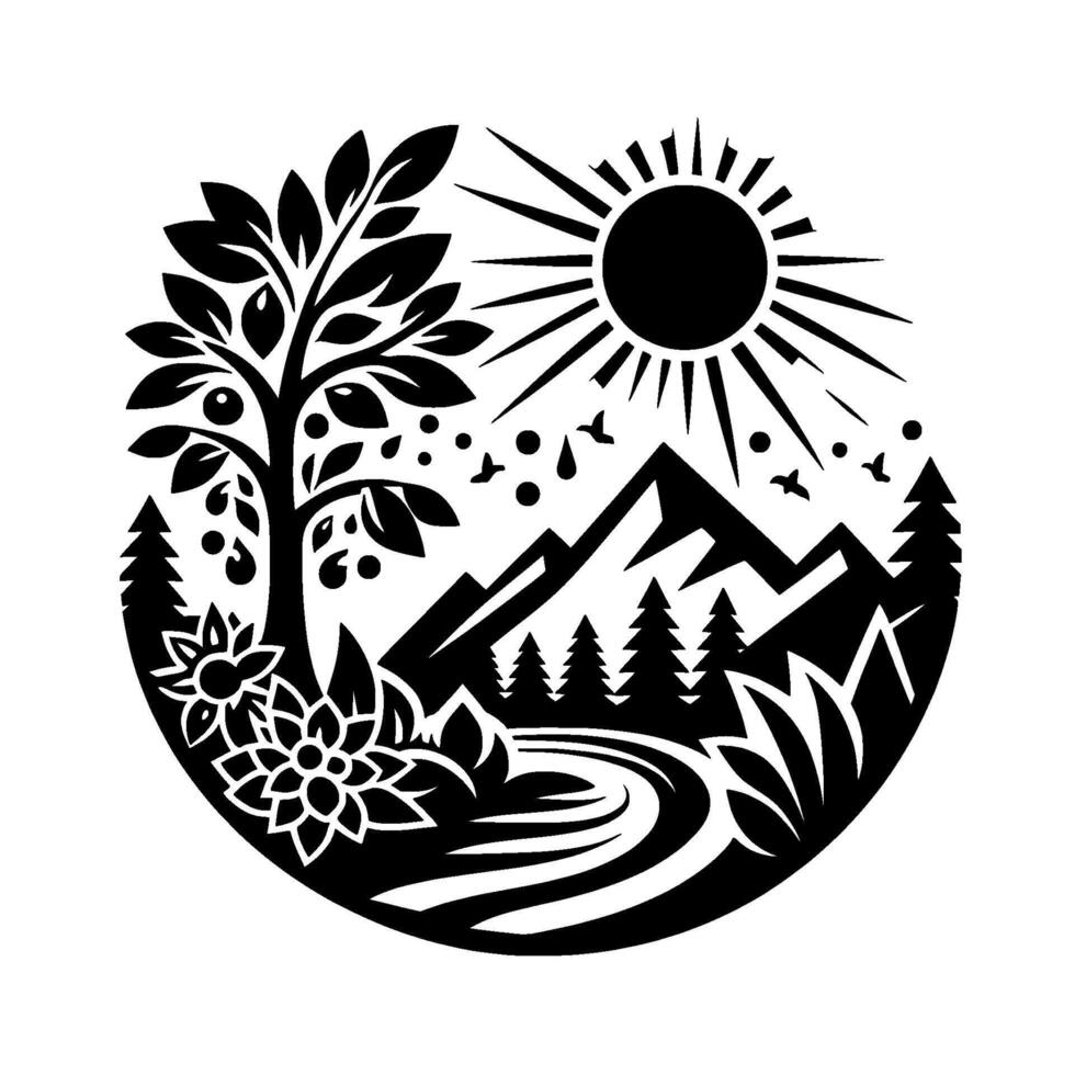 Black and White Circular Illustration of a Nature Scene featuring a Tree, Mountains, Sun, Flowers and River. vector