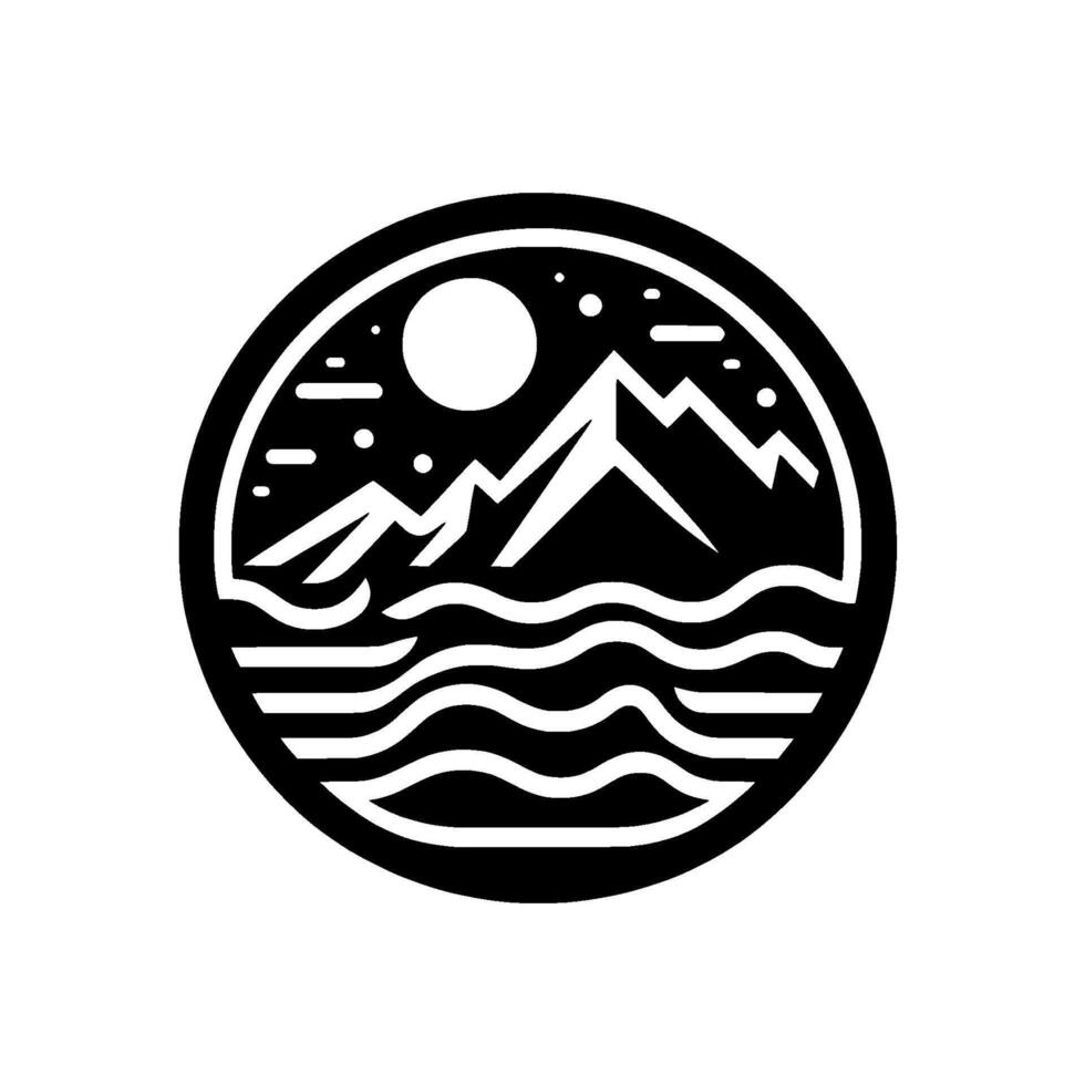 Monochromatic Circular Mountain Peaks, Wavy Water, Sun, and Stars Inside a Black and White Circle. vector