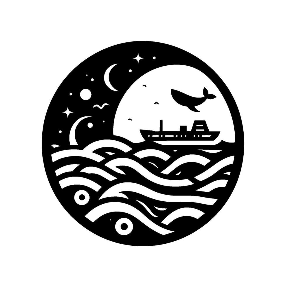 A circular minimalist nighttime nautical illustration depicting a ship sailing under a whalefilled sky, a moon, and waves. vector