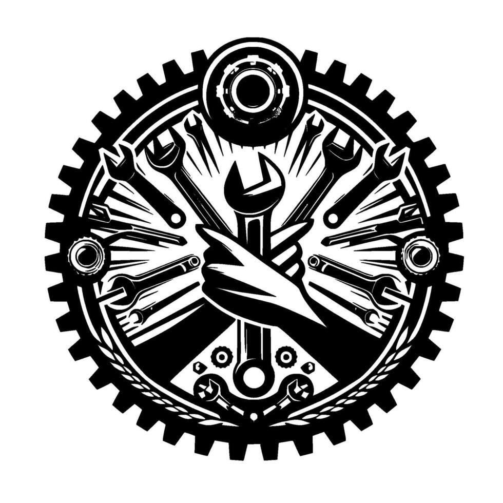 Black and White Circular Mechanic Emblem Hand Holding Wrench, Surrounded by Gears, Wrenches, and Tools. vector