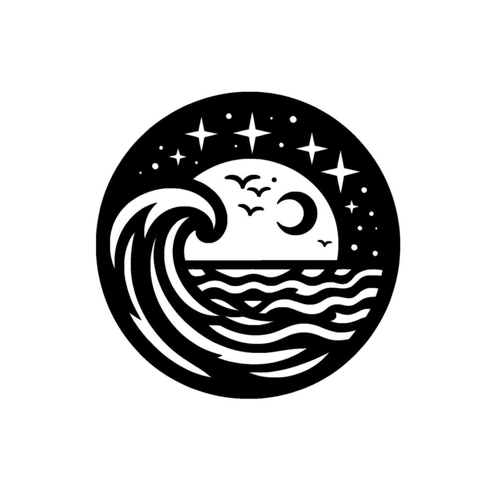 Serene Night Ocean Scene A Circular Depicting Waves, Crescent Moon, Stars, and Flying Birds in Black and White. vector