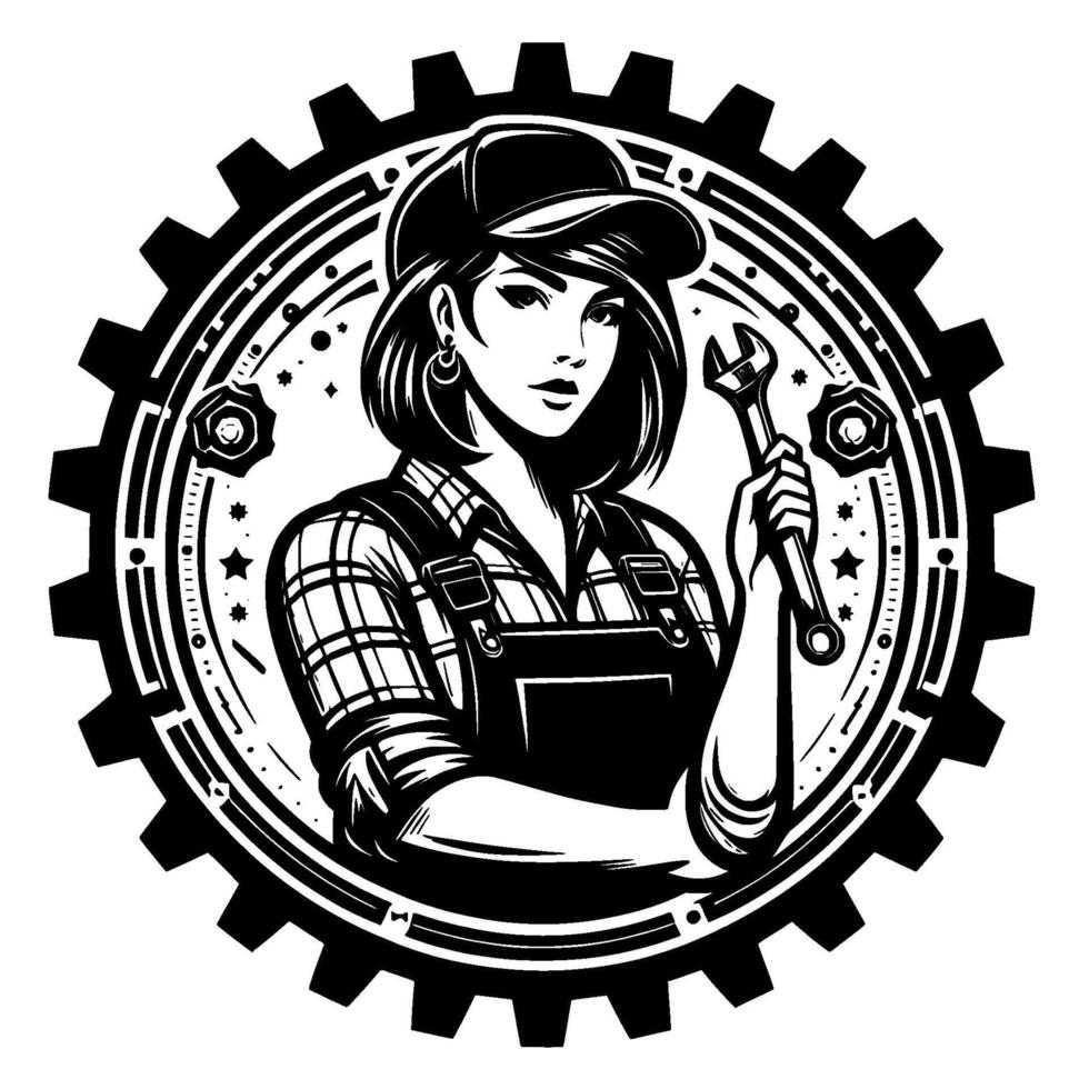 A stylized black and white illustration of a female mechanic, holding a wrench, framed by a gear and decorative elements, embodying empowerment. vector