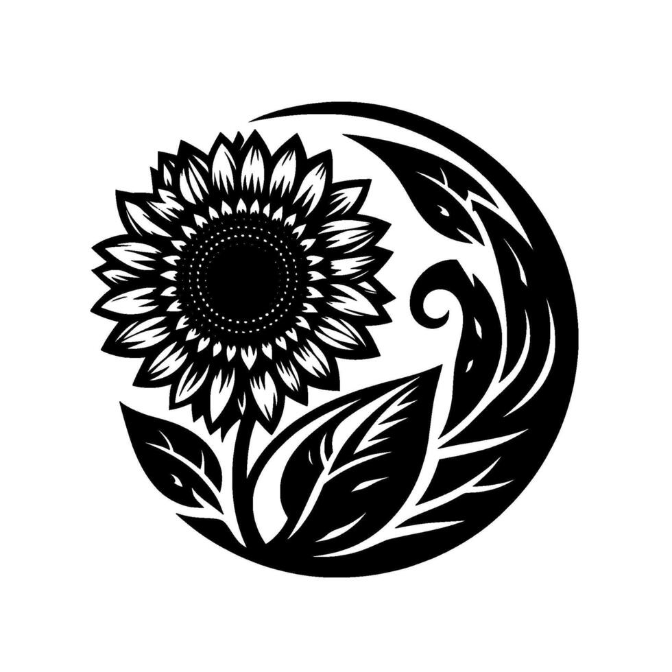 Elegant Monochrome Sunflower Enclosed in a Circular Frame with Decorative Leafy Elements, Showcasing Natures Beauty. vector