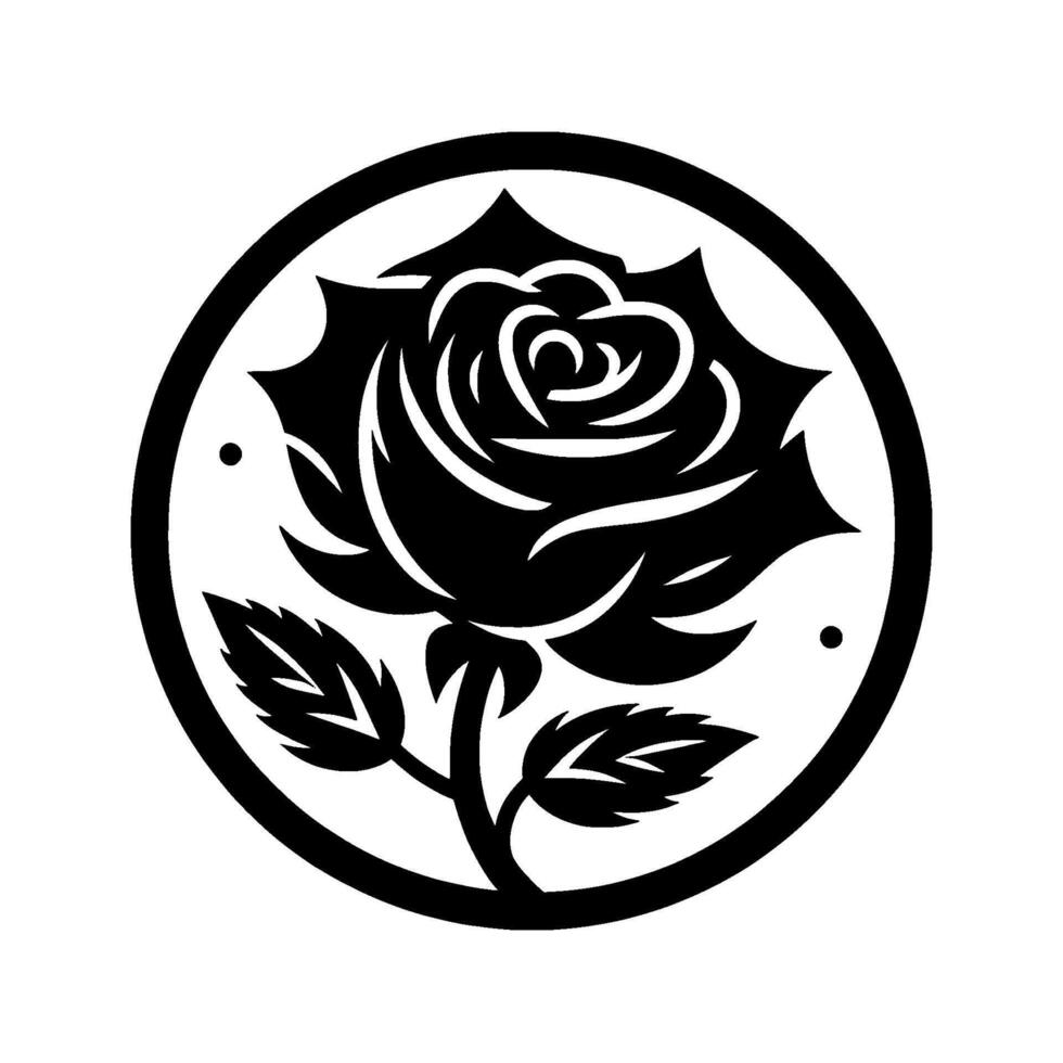 Black Silhouette Rose in Circular Frame, Decorative Floral , Isolated Element on White Background vector