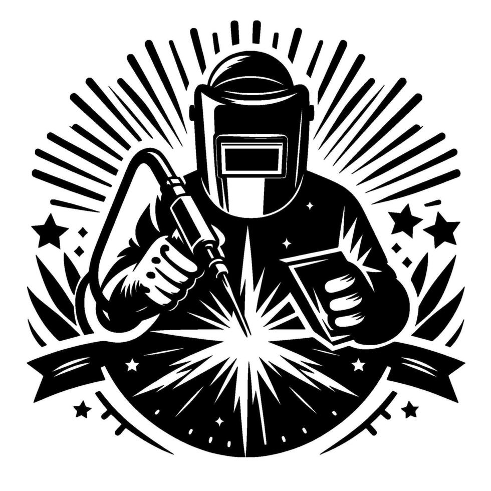 A stylized, monochromatic illustration of a welder in protective gear, with a welding torch creating a spark, surrounded by stars and radiating lines, on a banner. vector