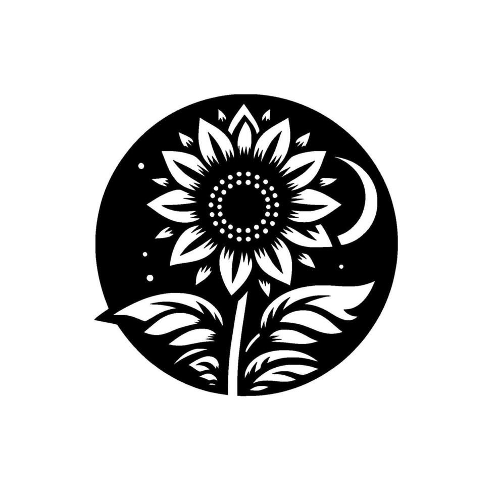Stylized black and white sunflower within a circular frame, featuring a crescent moon and stars, evoking a serene and nocturnal aesthetic. vector