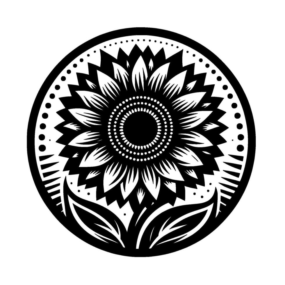 Black and White Sunflower Mandala Intricate floral within a circle, featuring detailed petals, leaves, and dotted borders. vector