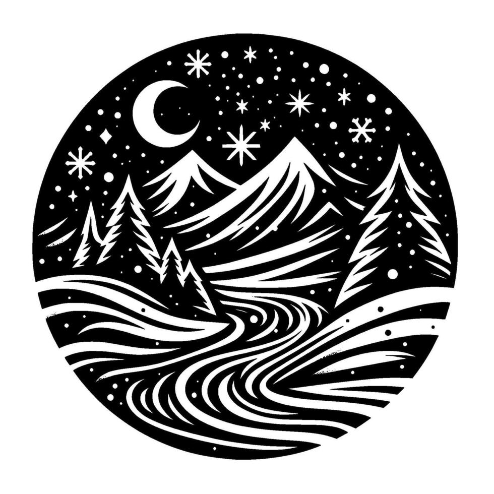 Black and White Circular Illustration of a Snowy Mountain Landscape Under a Crescent Moon and Starry Sky, with a Flowing River, Pine Trees, and Snowfall. vector