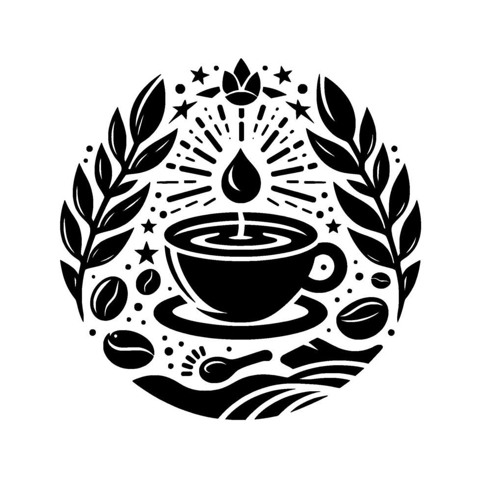 Intricate Circular Illustration of Coffee Cup with Droplet, Bean, Floral and Sunburst Accents in Black and White. vector