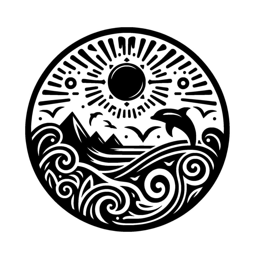 Black and White Circular Illustration of Dolphin Leaping from Ocean Waves Under a Sun with Mountain Landscape and Flying Birds vector