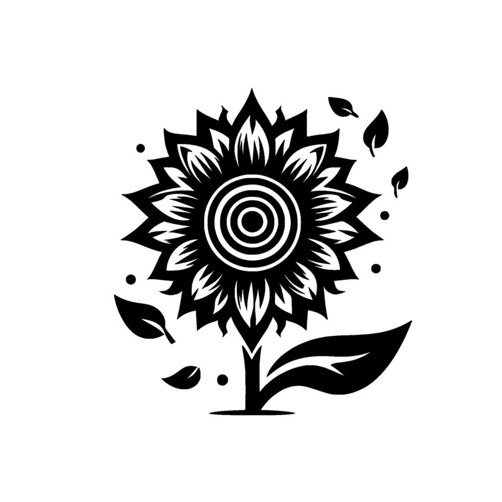 Intricate Black and White Sunflower with Leaves and Dots, Minimalist on a White Background. vector