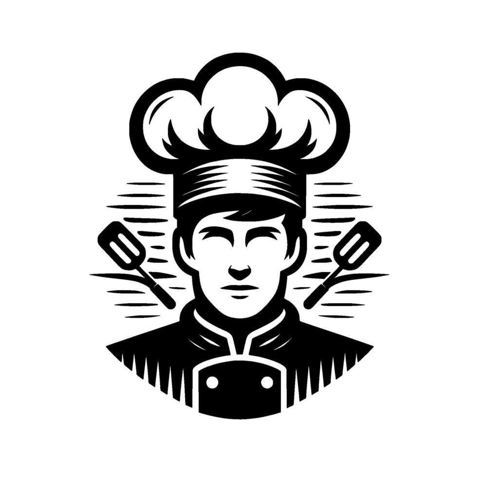 Monochrome Chef Frontal view of a skilled chef, encircled, featuring a classic toque and spatulas, embodying culinary expertise. vector