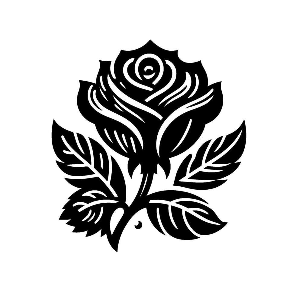 Stylized Black and White Rose Illustration with Detailed Petals and Leaves Isolated on White Background. vector