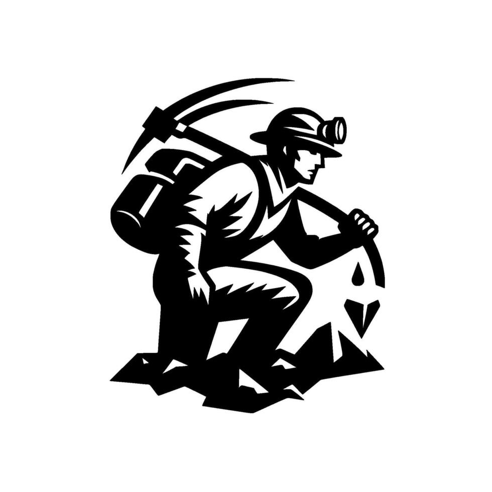 Silhouetted miner with helmet and headlamp, backpack, and pickaxe, kneeling on a rock, illustration. vector