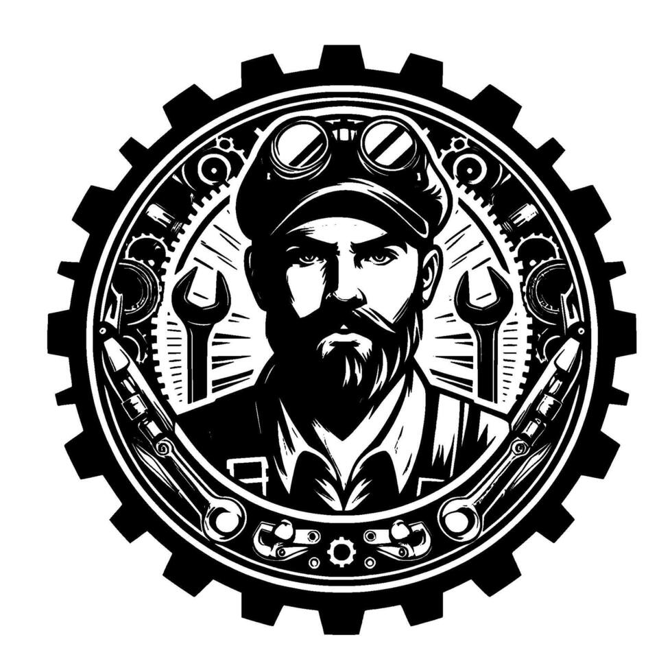 Stern, Black and White Portrait of a Bearded Mechanic Within a GearShaped Emblem, Holding Wrenches, Symbolizing Industry and Skill. vector