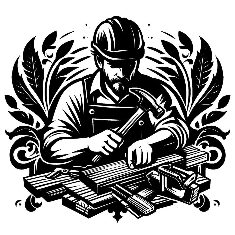 Black and White Art of a Carpenter with Hammer and Wood, Surrounded by Decorative Leaf vector