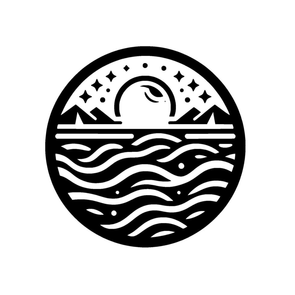 A Black and White Circle depicting a serene landscape, with water waves, mountains, stars, and a crescent sun. vector