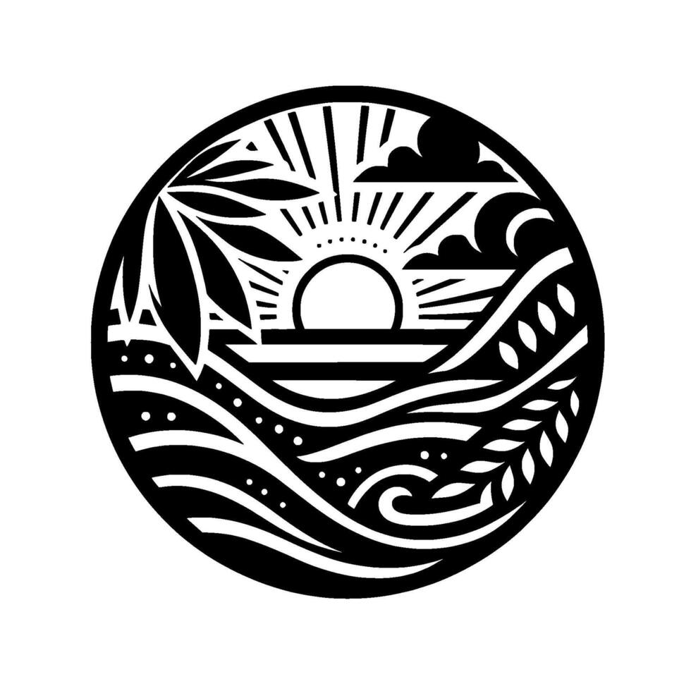 Black and White Round Silhouette of Tropical Sunset Over Ocean Waves with Palm Leaves and Floral Elements vector