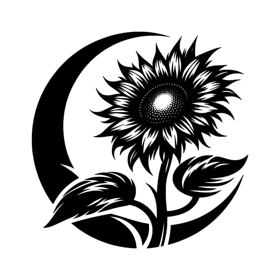 Stylized Black and White Sunflower Art Enclosed Within a Crescent Moon, Symbolic of Growth and Light. vector