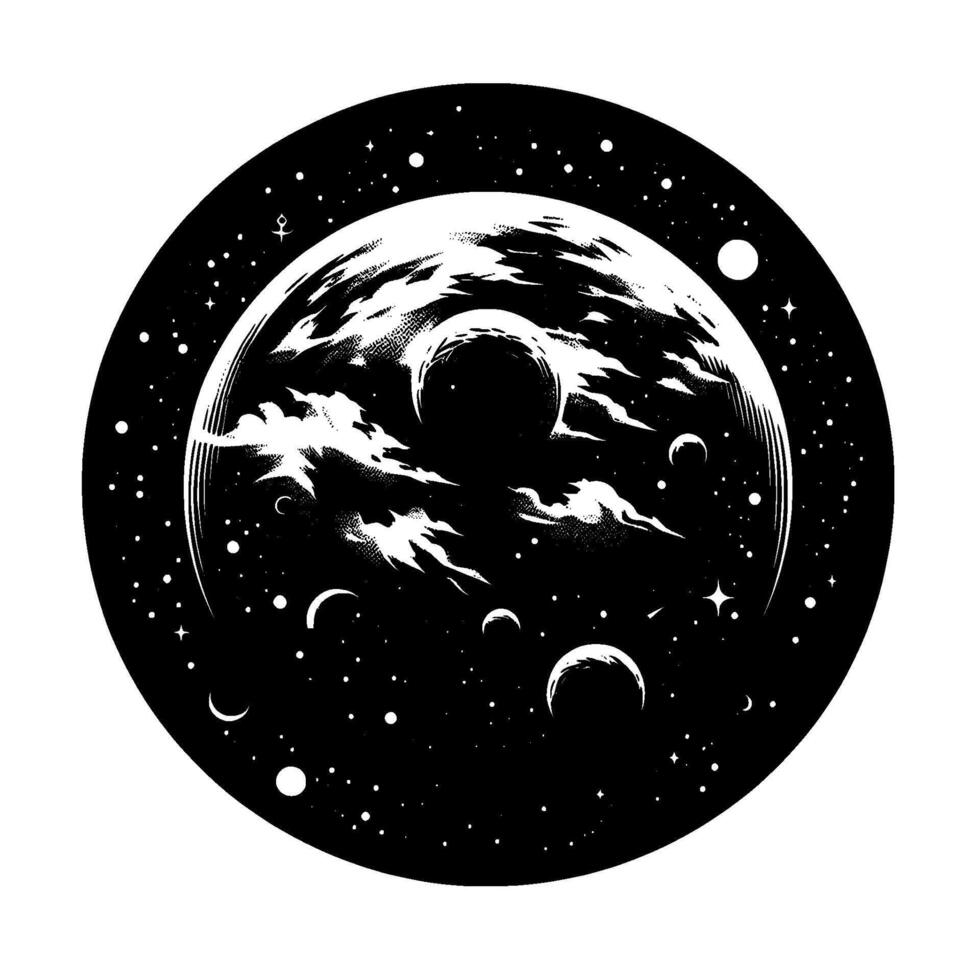 A Stellar Circle Celestial Illustration of a Cloudy Planet Surrounded by Moons and a StarSpeckled Void, in a Black White, Style. vector
