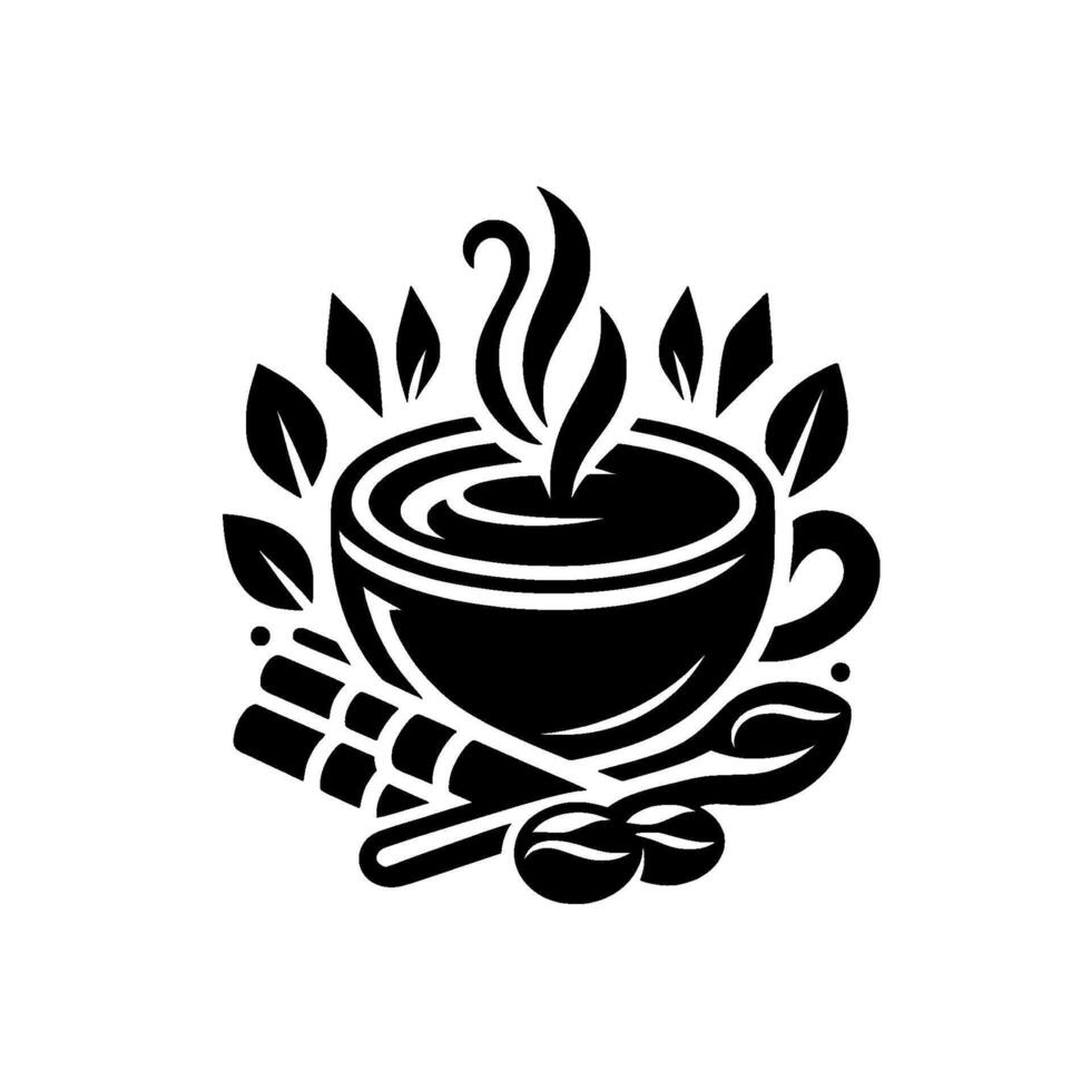 A symmetrical, black and white emblem showcasing a steaming coffee cup surrounded by leaves, cinnamon sticks, coffee beans, and a spoon. vector
