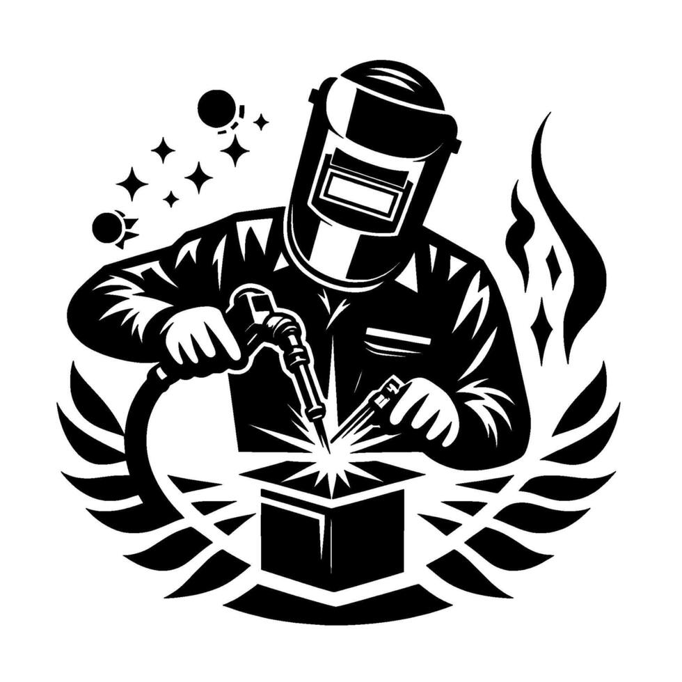 Black and white stylized illustration of a welder, with a helmet, welding equipment, sparks, and decorative elements, welding a metal cube. vector