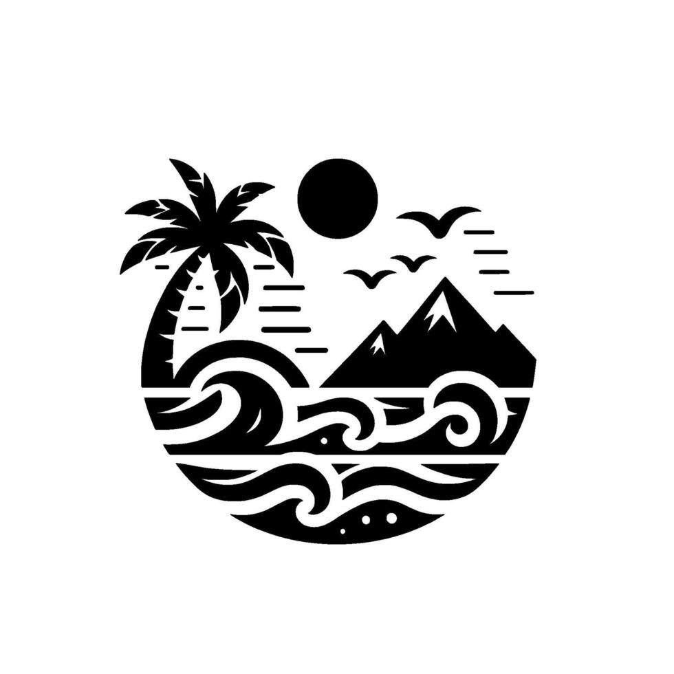 Stylized Black White Tropical Beach Scene Within a Circle Palm Tree, Waves, Mountains, Sun, Birds, Horizon Lines. vector