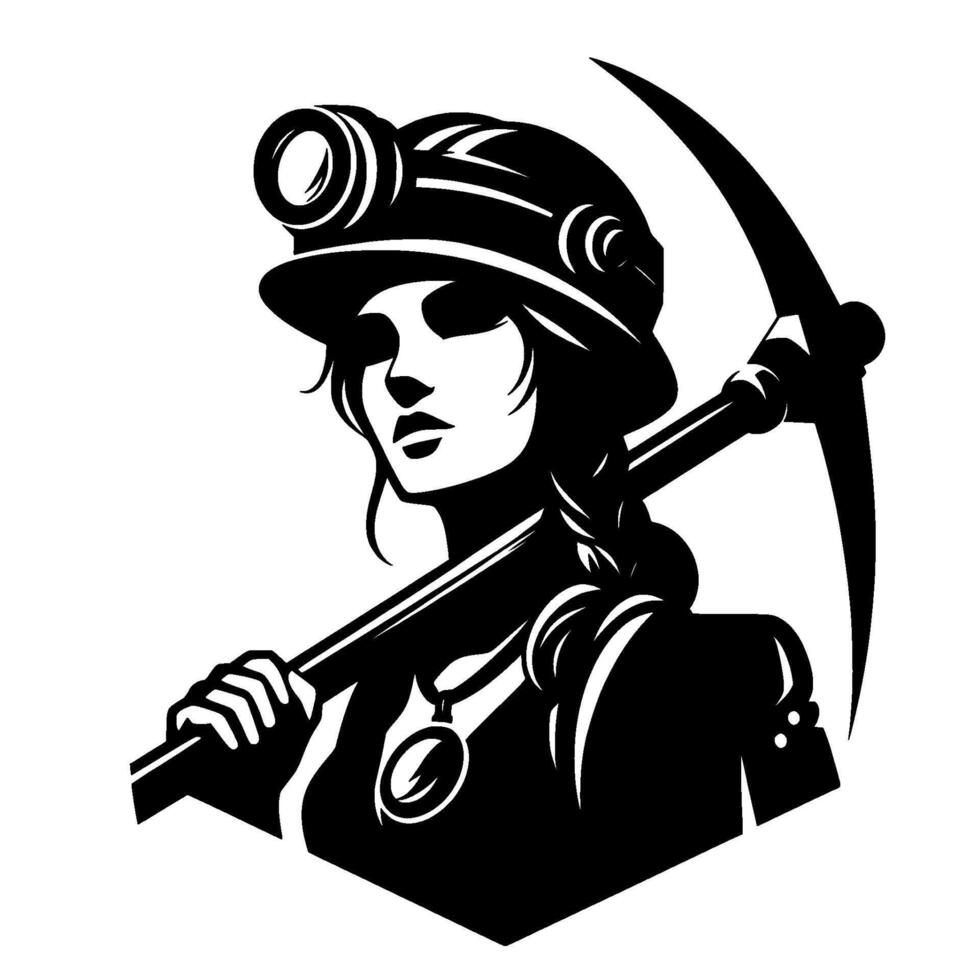A determined female miner in monochrome, wearing a helmet with a headlamp, shoulderholding a pickaxe, and looking forward. vector