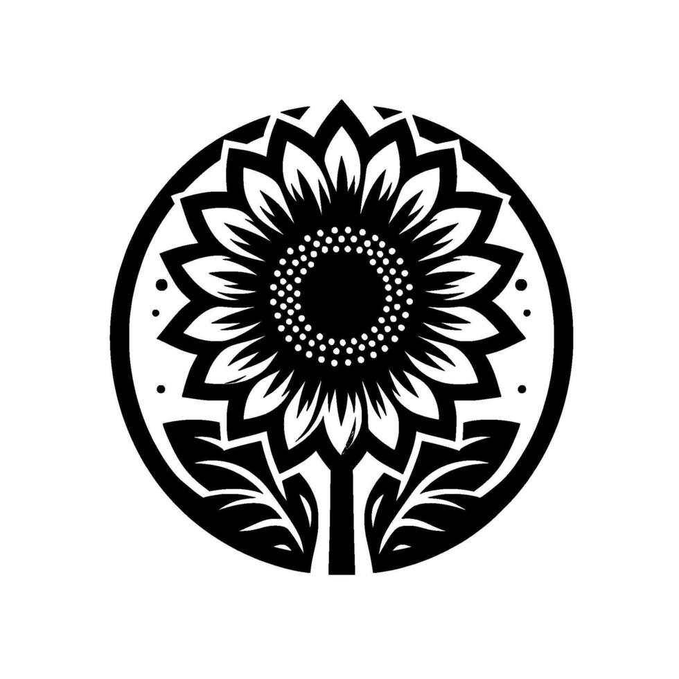 A striking black and white circular of a sunflower, detailed with radial symmetry and botanical elements, presented in a minimalist style, evoking elegance. vector