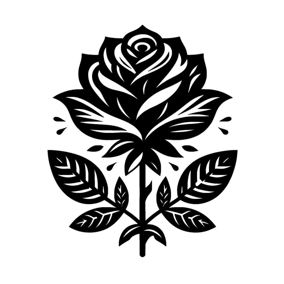Bold Black and White Illustration of a Rose with Detailed Petals, Leaves, and Droplet Accents on White Background. vector