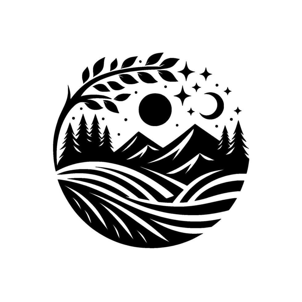 A monochrome circular nature scene with mountain range, tree, field, stars, moon, and sun, in a symmetrical . vector