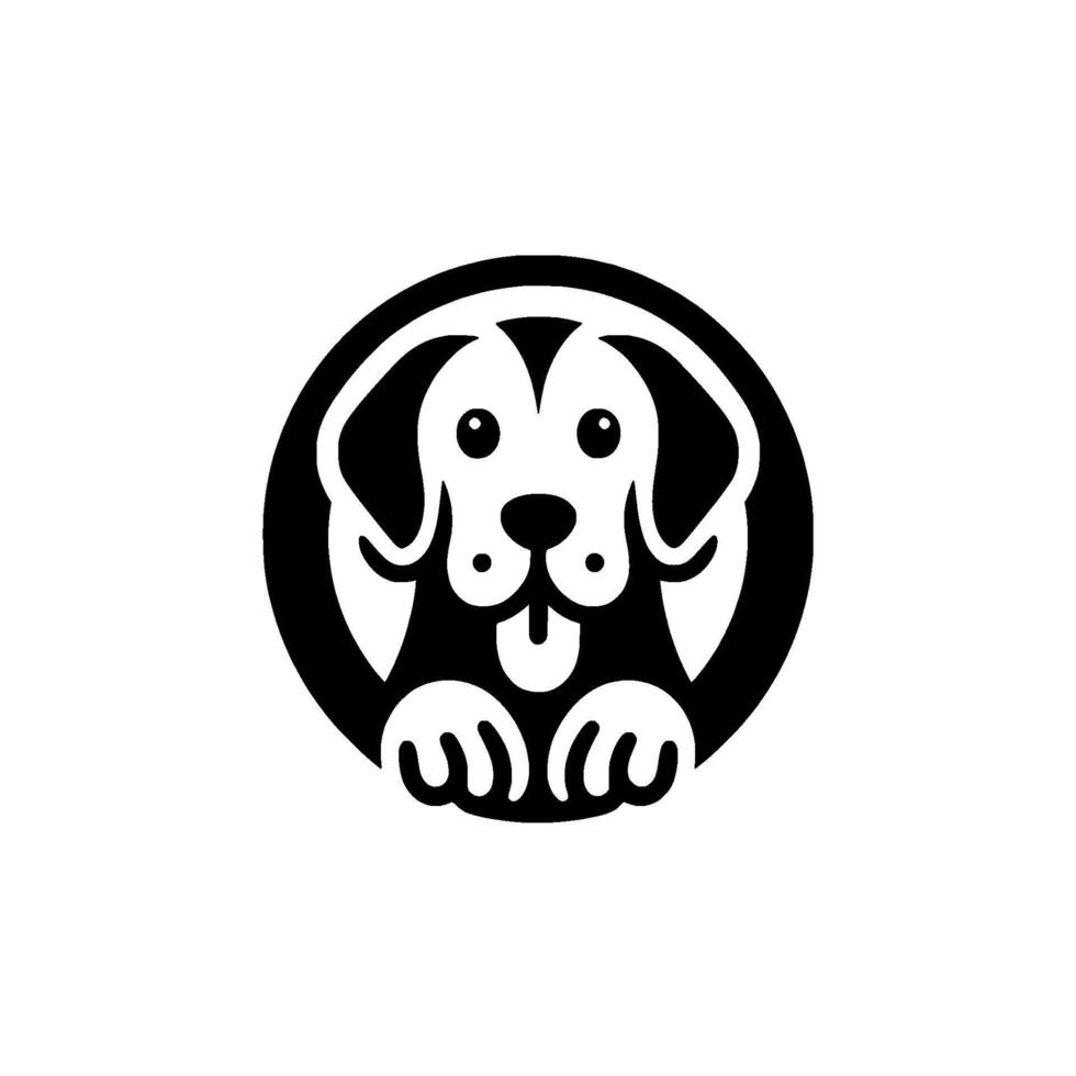 Minimalist Black and White Dog Playful Canine with Circle Frame, Tongue Out, Paws Peeking, Adorable Mascot . vector