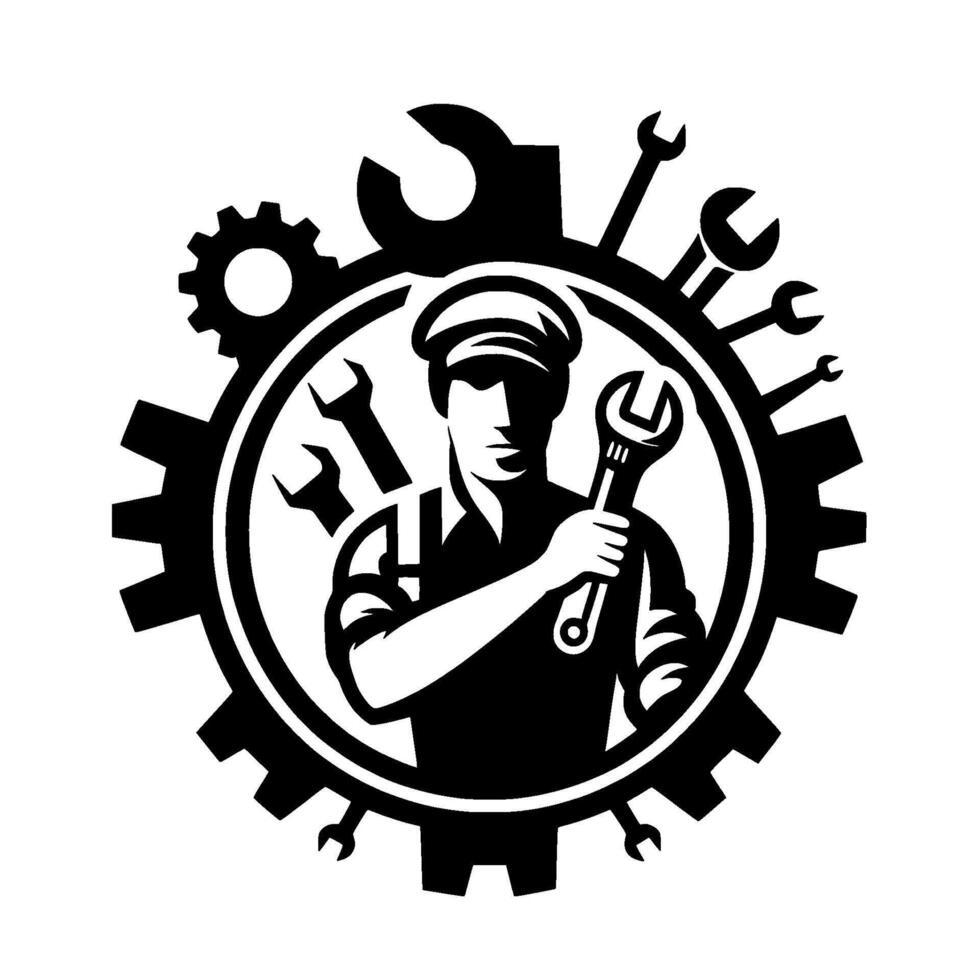 Mechanical Artisan Emblem Black White Technician Holding Wrench, Surrounded by Gears and Tools, Circular . vector