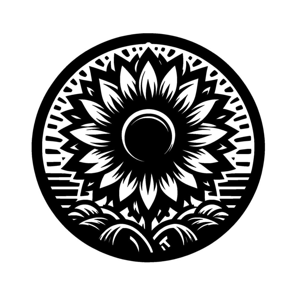 Intricate Black and White Circular Featuring Stylized Sunflower with Decorative Border, Evoking Modern Art Aesthetic. vector