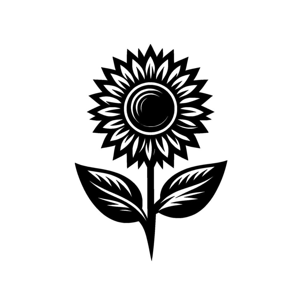 Bold, Black White Sunflower Silhouette with Detailed Petals, Stem, and Leaves on a Clean, Minimalist Background vector