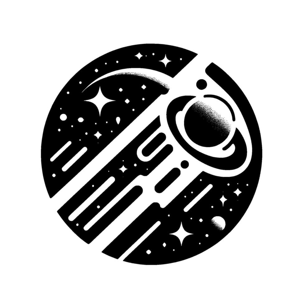 Minimalist Black and White Circular Space Illustration with Planets, Rings, Stars, and Comets, a Retro . vector