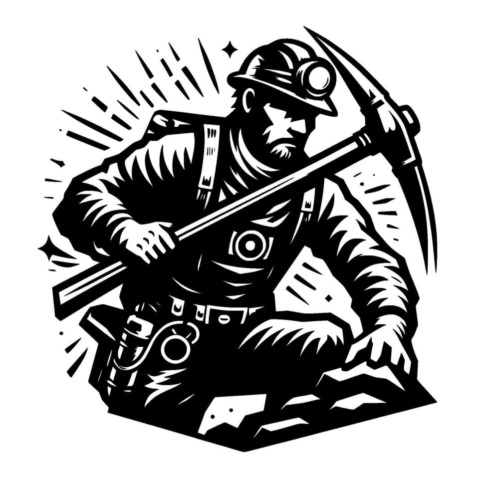 Squatting Black White Miner with Pickaxe, Headlamp, and Rock Silhouette Style. vector