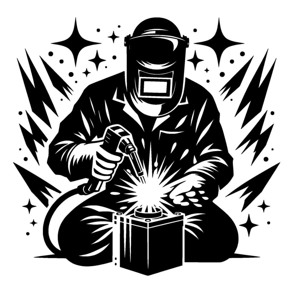 Black and white of a seated welder in protective gear, welding a metal block with sparks and starburst effects. vector