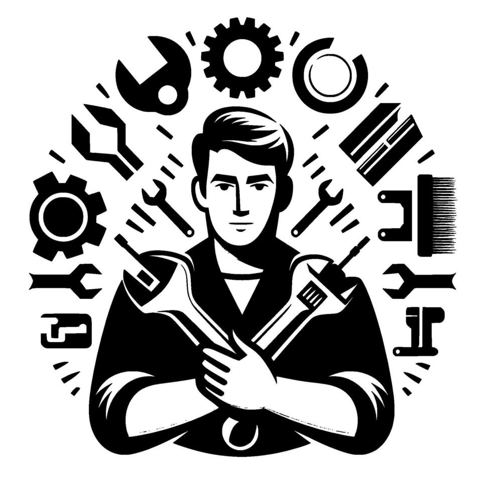 Illustration of a Mechanic Holding Wrenches, Surrounded by Gear Tools, Illustrating Repair and Maintenance Concepts vector