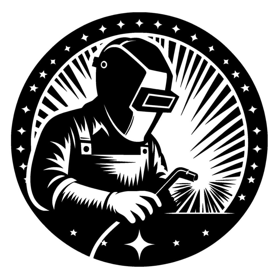 Black and White Illustration Welder with Sparks, Shielded by a Circle of Stars and Light Rays. vector