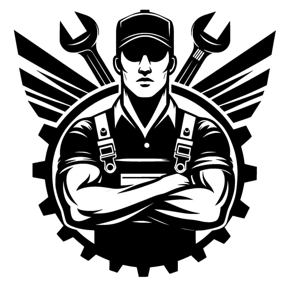 Mechanic Muscular worker with crossed arms, wearing cap and overalls, encircled by wrenches and gear elements, monochromatic . vector