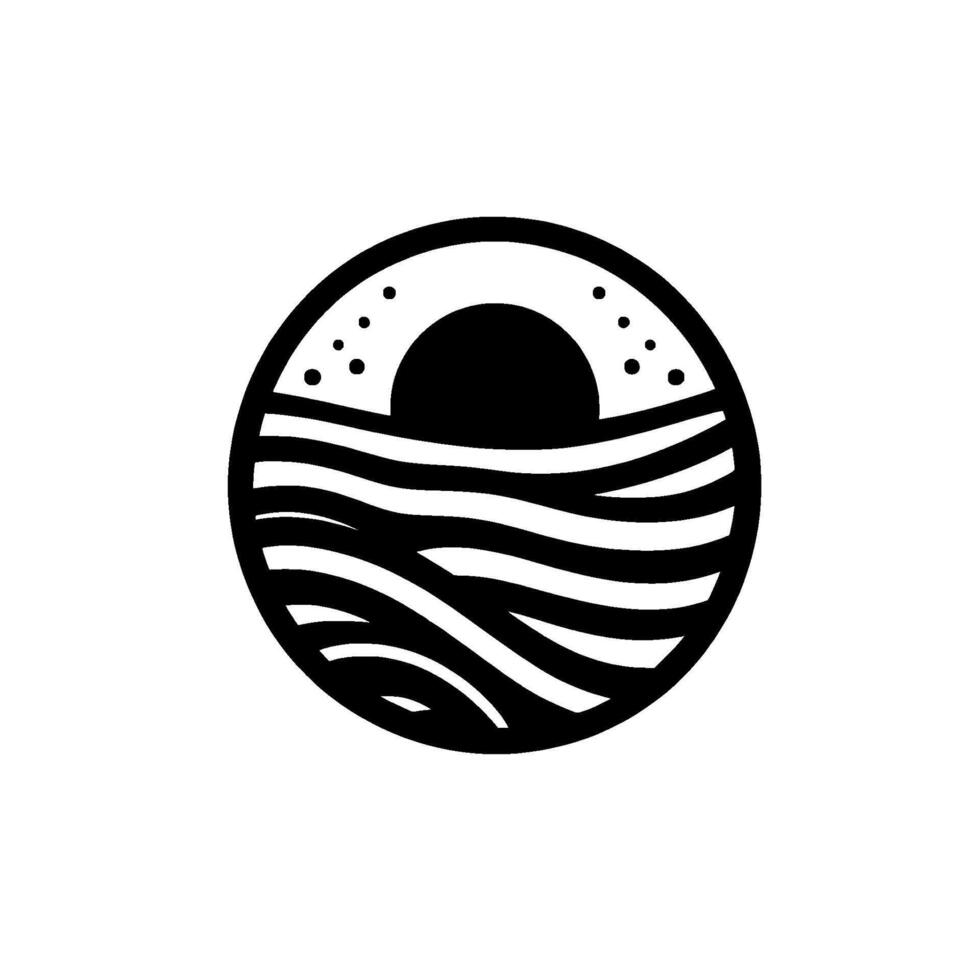 Minimalist Black and White Circular Depicting a Sunrise Over a Wavy Ocean Scene with Dot Embellishments. vector
