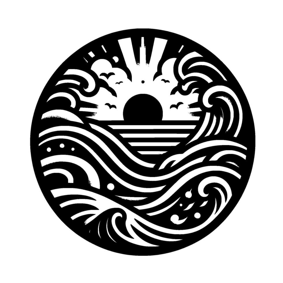 A monochromatic, circular depicting a stylized ocean scene with the sun rising, birds, and crashing waves, evoking tranquility. vector
