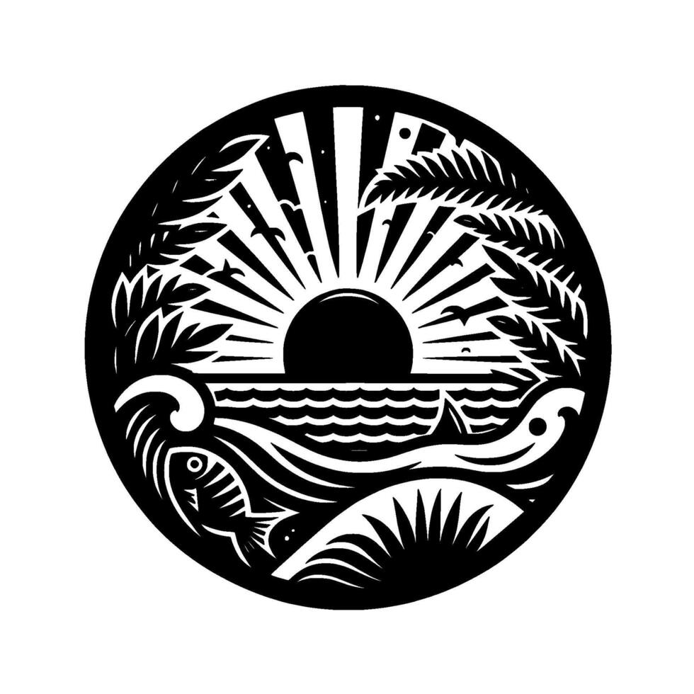 Black and white circular featuring a rising sun over ocean waves, palm trees, fish, and seabirds, evoking a tropical paradise. vector