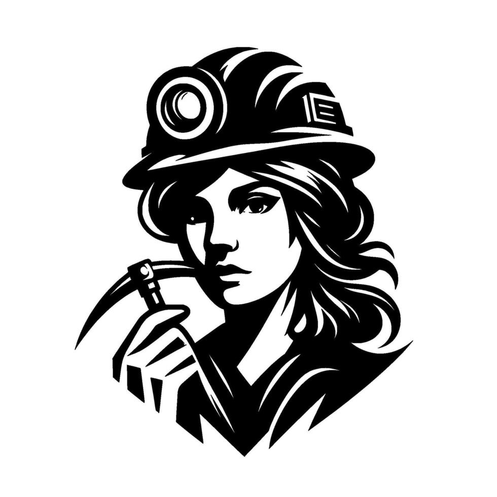 Striking Black and White Illustration of a Female Miner, Holding a Pickaxe and Wearing a Hard Hat with Headlamp, Portrait. vector