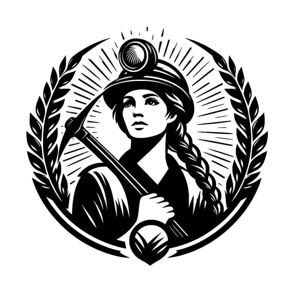 Determined Woman Miner with Braided Hair, Pickaxe, and Headlamp, Symbolized in a Laurel Wreath with Dramatic Radial Lines. vector