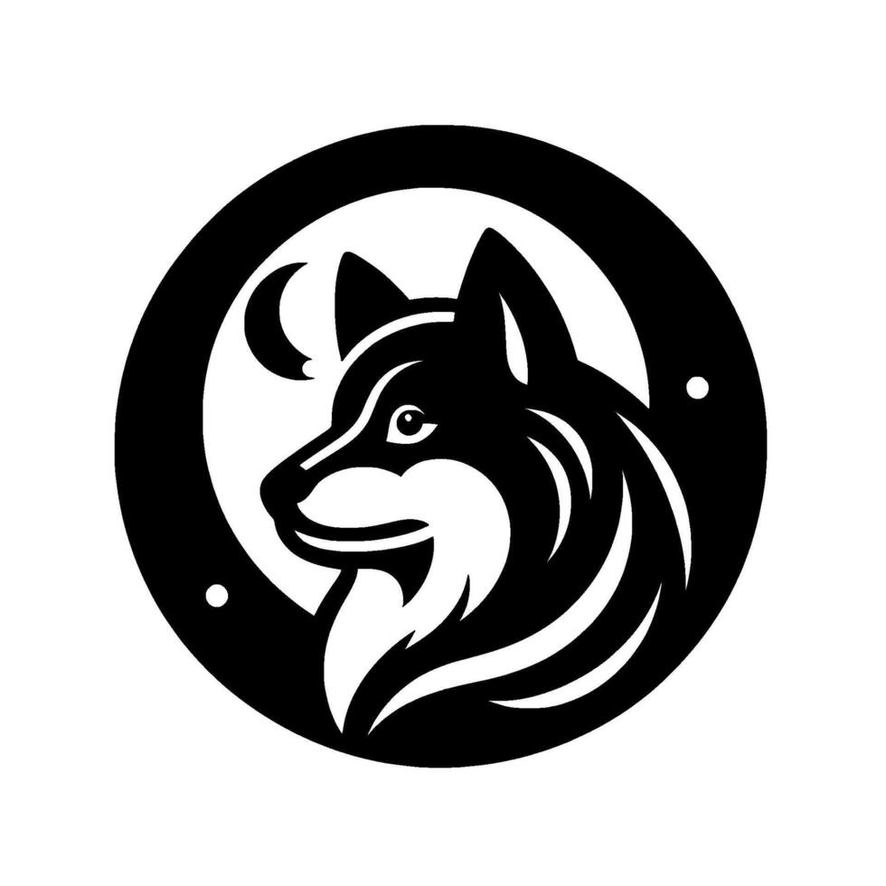 A minimalist black and white circular features a stoic wolf head with a crescent moon and dots, representing strength and wilderness. vector
