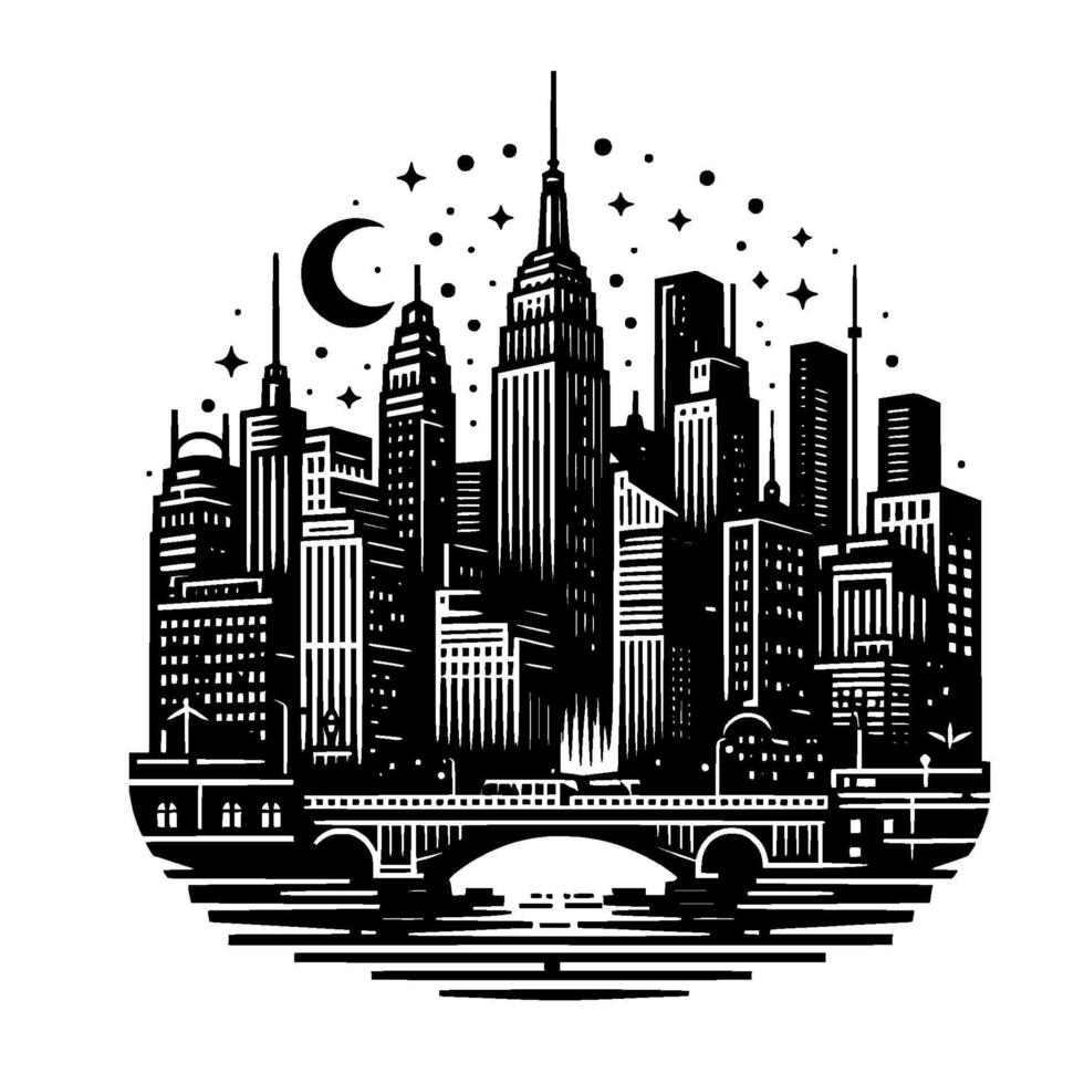 Black and White Silhouette of New York City Skyline with Empire State Building, Crescent Moon, and Stars, over a Bridge. vector