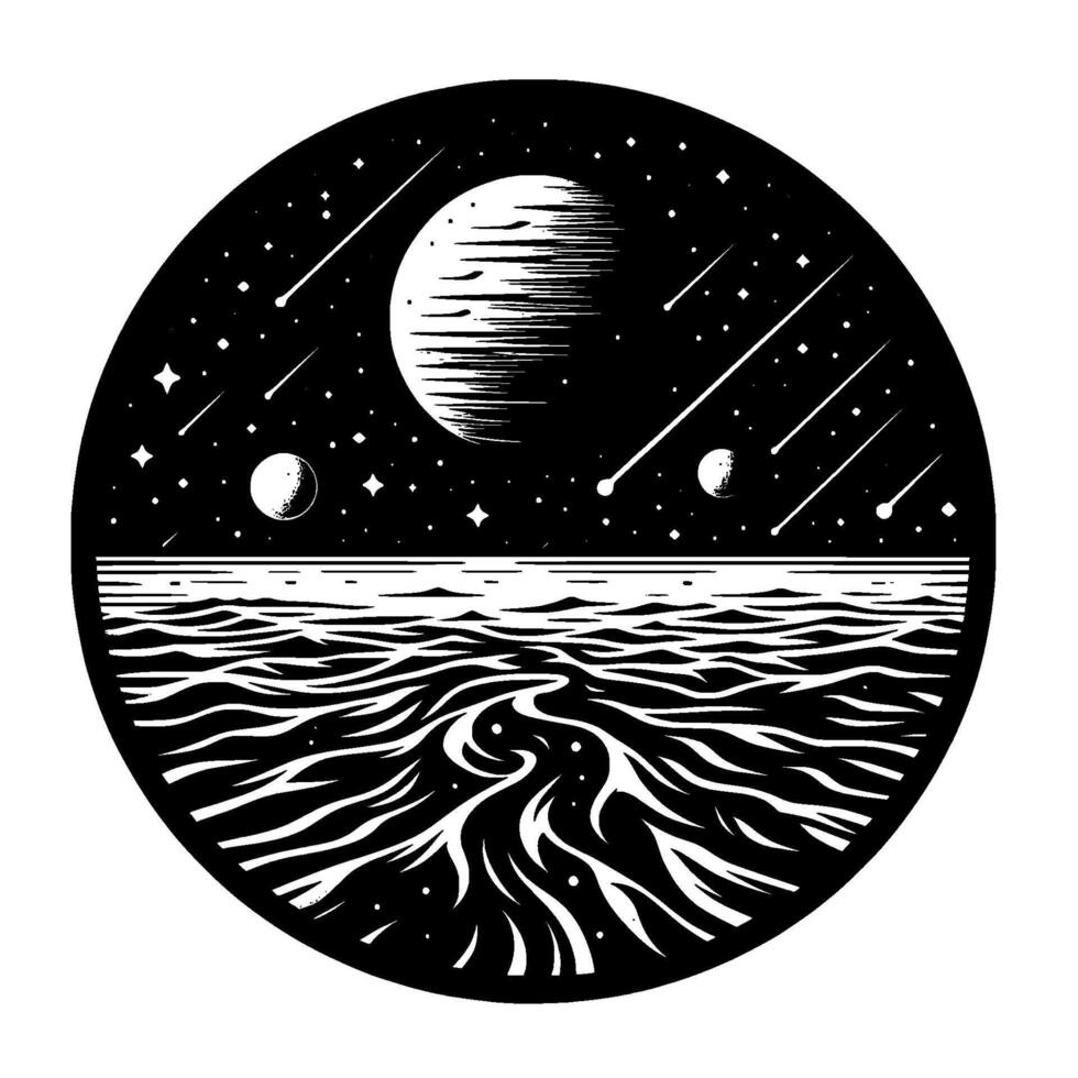 A stylized, black and white circular illustration depicting a celestial scene with planets, shooting stars, and a stylized sea and abstract landscape. vector